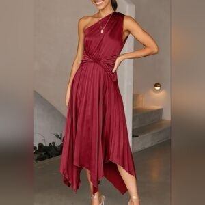 Summer Satin Dress One Shoulder Sleeveless Ruched Twist Dress Burgundy M‎